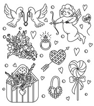 Coloring Page Antistress Love. Set: Cupid, Pigeons, Ring, Heart, Flowers, Envelope, Lock For A Key, Candy. Vector Illustration For Art Therapy, Antistress Coloring Book For Adults And Children.