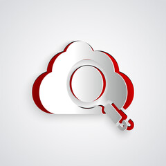 Aufkleber - Paper cut Search cloud computing icon isolated on grey background. Magnifying glass and cloud. Paper art style. Vector.