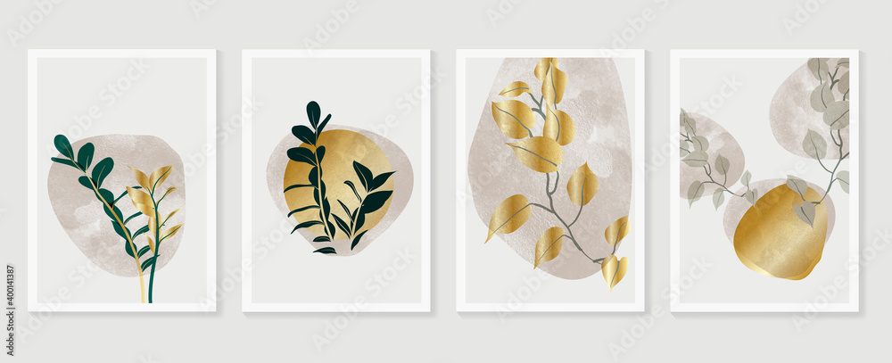 Botanical and gold abstract wall arts vector collection.  Golden and luxury pattern design with leaves line arts, Hand draw Organic shape design for wall framed prints, canvas prints, poster, home dec - obrazy, fototapety, plakaty 