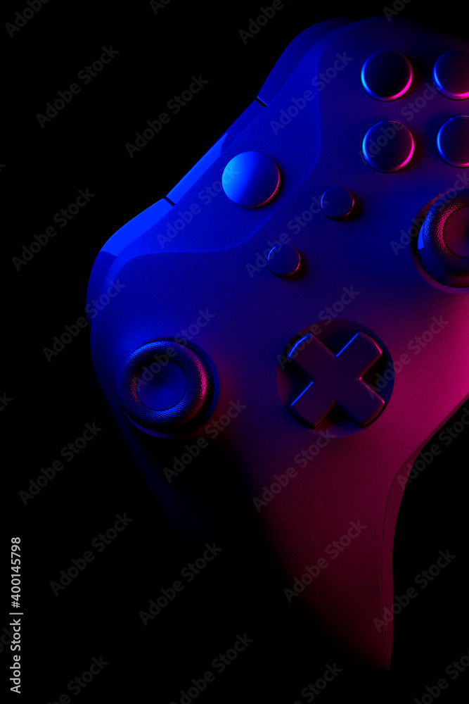 Realistic video game controller in neon lights on black noir background ...