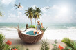 © photoschmidt - Funny summer vacation collage with a man sitting in a coconut