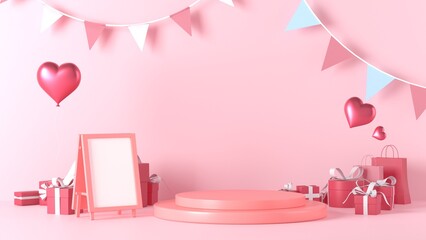 pink podium and standing chalkboard mockup with decorations