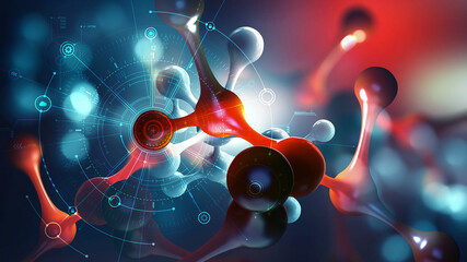 Poster - Molecular nanotechnology. Scientific research. Laboratory experiments and high-tech. Molecular lattice abstract 3D illustration. Modern trends in medicine, biology, physics, chemistry
