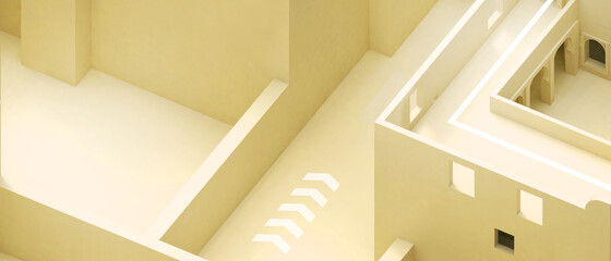 Poster - Abstract Architecture background and futuristic geometry wall concepts origami Paper and Minimal space on Yellow background.copy space,digital, banner - 3d rendering