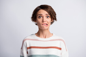 Sticker - Close-up portrait of lovely worried scared brown-haired girl waiting news biting lip isolated over grey pastel color background