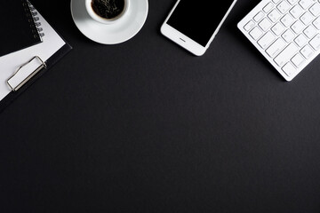 Fototapete - Office desk table top view with computer keyboard, smartphone, cup of coffee, clipboard, notepad. Luxury, minimalist style workspace. Flat lay, view from above. Business concept.