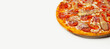 © Yauhen - Tasty pizza Spicy pepper served on a wooden plate, ingredients Signature sauce, mozzarella cheese, pepperoni, pickled cucumber, Bulgarian pepper, red onion, chili pepper. Pizzeria promotion poster
