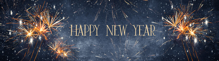 Happy New Year Party Silvester background banner panorama long- firework on rustic blue stone concrete texture, top view with space for text