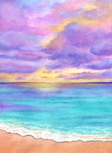 Summer Landscape Illustration With Beach, Blue Sea And Beautiful Purple Sunset. Watercolor Hand Painted Artwork, Artistic Background. Exotic Seascape Background.