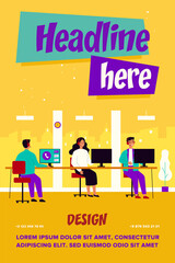 Poster - Call center operators at their office workplaces. Support service consultants wearing headsets, working at computers. Vector illustration for customer support, hotline, telemarketing concepts