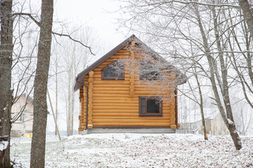 Aufkleber - wood house of timber in nature in winter