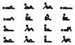 © Cherstva - Stick figure man lie down various positions vector illustration icon set. Male person sleeping, laying, sitting on floor, ground side view silhouette pictogram on white