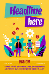Poster - Businessman discussing contract with robot. Bot, ai, partnership flat vector illustration. Robotics, artificial intelligence, business concept for banner, website design or landing web page