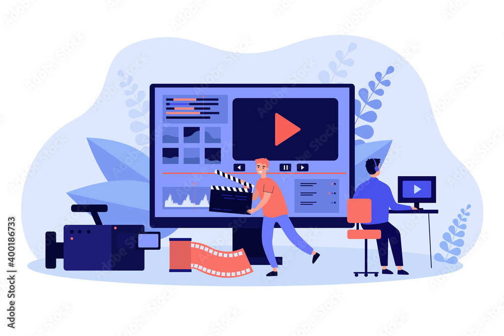 Tiny video operators working with visual media content flat vector illustration. Cartoon operators creating news footage in video editor. Multimedia studio, business and production concept - obrazy, fototapety, plakaty 