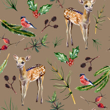 Watercolor Hand Painted Seamless Pattern With Baby Deer, Bullfinch, Holly, Coniferous Branches And Rose Hip On Brown Background. Christmas Pattern Is Prefect For Fabric, Wrapping Paper Or Scrapbooking