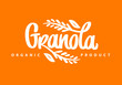 Granola organic logo vector. Lettering composition and spikelets with grains. Handwritten calligraphy. Healthy food logotype for package, label.