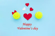 Happy Valentines day. Smiling tennis balls girl with red bow and boy and hearts. Valentine’s Day tennis flatly celebration card, poster. Love and tennis concept .