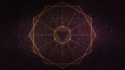 Wall Mural - Glowing gold sacred geometry, hexagon abstract line art in space - background