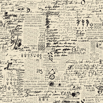 Abstract seamless pattern with handwritten text Lorem Ipsum, unreadable scribbles and blots on the old newspaper page. Vector repeating background. Suitable for wallpaper, wrapping paper, fabric