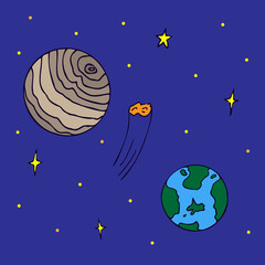 Colorful hand-drawn illustration, Two planets, one like the Earth. The other is a larger striped gas giant. A comet in the middle. View from space, stars. Doodle.