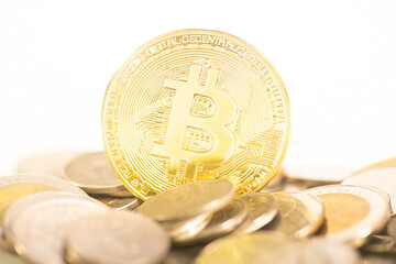 Golden bitcoin coin. Crypto currency golden coin bitcoin symbol on the white background.