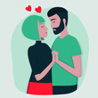 Vector image of young people in love. Template for postcards, banners, and websites. Love in the time of a pandemic. Illustration for Valentine's Day.