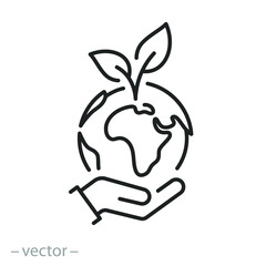 Wall Mural - earth day icon, world green ecology concept, globe with sapling, save clean environment, thin line s