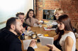 © master1305 - Devices. Young people talking, working in videoconference with colleagues, co-workers at office or living room. Online business, education during insulation, quarantine. Work, finance, tech concept.