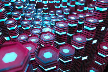 Aufkleber - Metallic black blue ad pink glowing hexagons moving pillars background 3D rendering