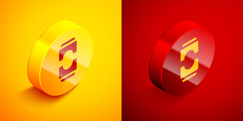 Wall Mural - Isometric Beer can icon isolated on orange and red background. Circle button. Vector Illustration.