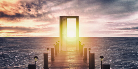 Open door by the see with the sun light shining, 3d rendering 