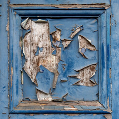 Old blue paint peeling from old wooden door, square background.