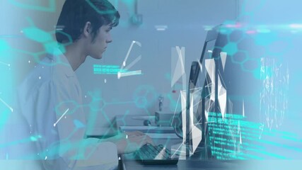Poster - Digital compote video of medical data processing against male caucasian health worker using computer
