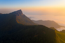 Aerial View Of Doi Pha Mon Misty Mountain Landscape View In Morning In Chiang Rai Province, Thailand