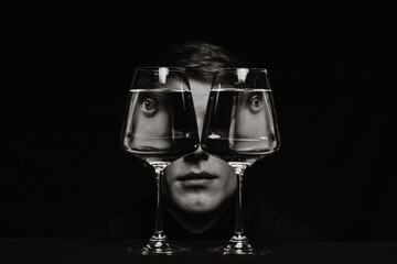 portrait of a strange man looking through two glasses of water