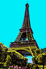 Wall Mural - Bottom view of Eiffel Tower made in Art Nouveau style and garden at Paris. The French capital known as the City of Light. Blacklight Poster filter.