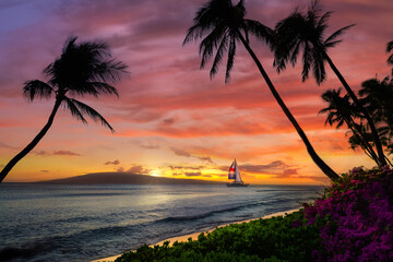 Wall Mural - Hawaiian sunset with sailboat and mountains