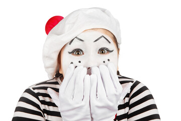 teenage girl in the image of a mime with makeup on her face, isolate