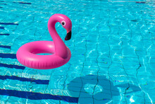 Summer Time. Pink Inflatable Flamingo In Pool Water For Summer Beach Background. Funny Bird Toy For Kids.