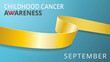 Realistic gold ribbon. Awareness childhood cancer month poster. Vector illustration. World pediatric cancer day solidarity concept. Teal background.