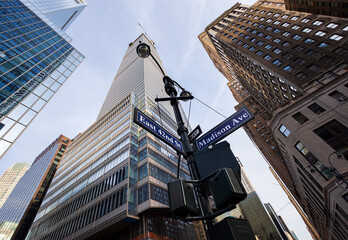 City view. Intersection of the 42nd street with Madison Ave in Midtown Manhattan, New York City, USA. 