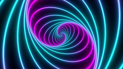 Sticker - Minimal thin fluorescent spiral in infinite rotation. Funky holographic backdrop in retrowave style. Shiny fibonacci swirl in purple, blue and pink neon colors. Seamless loop animation.