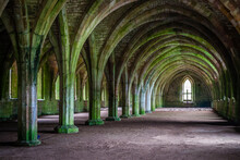 Basement Vaults Of Fountains Abbey, Old Monastery In North Yorkshire, United Kingdom