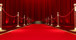 3D render of Long red carpet between rope barriers, Realistic red carpet and pedestal.