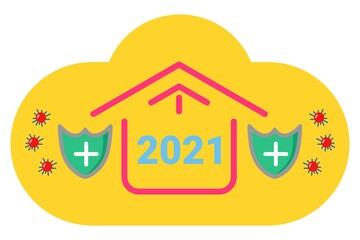 New year 2021 just stay at home so you can prevent the spread of the corona virus, the shield of health prevents the virus from entering the house. vector flat design