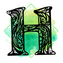 Vector Illustration Of Uppercase Letter H With Decorations. Antique Letter With Baroque Ornamentation.