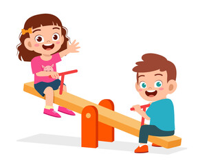 Sticker - happy cute kid boy and girl play seesaw together