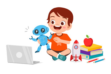 Wall Mural - happy cute little kid boy play computer and robot