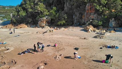 Sticker - Hot Water Beachi n the east coast of the Coromandel Peninsula, New Zealand. Drone aerial view