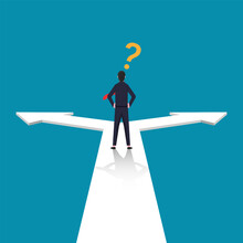 Confused Businessman Standing At Cross Road Symbol. Business Choice Vector Illustration.